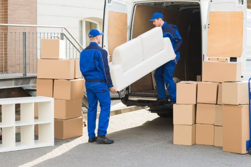 Packed household boxes ready for removals in Northend