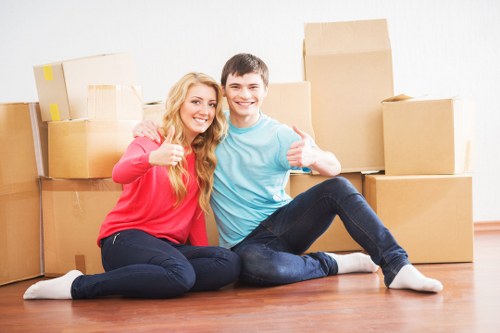 Organized storage unit with labeled boxes and furniture